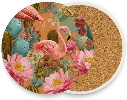 Coasters for Drinks Coaster Drink Set Decorative Coffee Table Desk Cup Mat Spring Cute Cork Bar Backing Round Home Decor Orange Flamingos and Green Cactus Flowers23