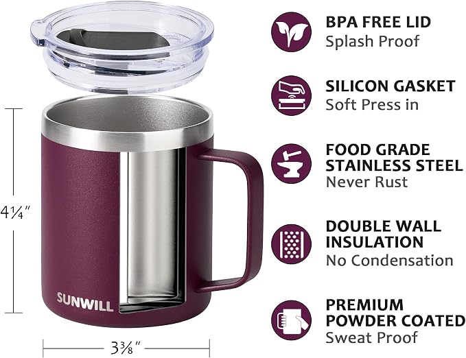 SUNWILL Travel Coffee Mug with Lid, Insulated Tumbler with Handle, 14 oz - Image 2