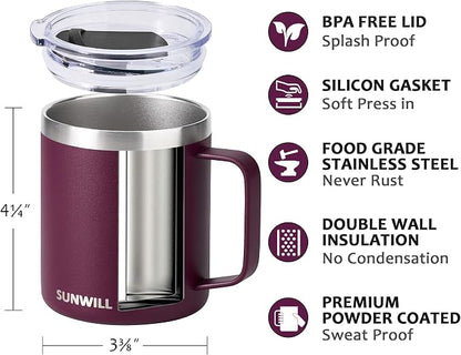 SUNWILL Travel Coffee Mug with Lid, Insulated Tumbler with Handle, 14 oz - Image 2