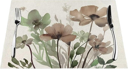 Spring Floral Placemats 12x18 Inches Set of 4,Watercolor Brown Green Flower Decorative Rectangle Summer Decor Floral Decoration Table Mats for Party, Home Kitchen,Dining Table Decoration
