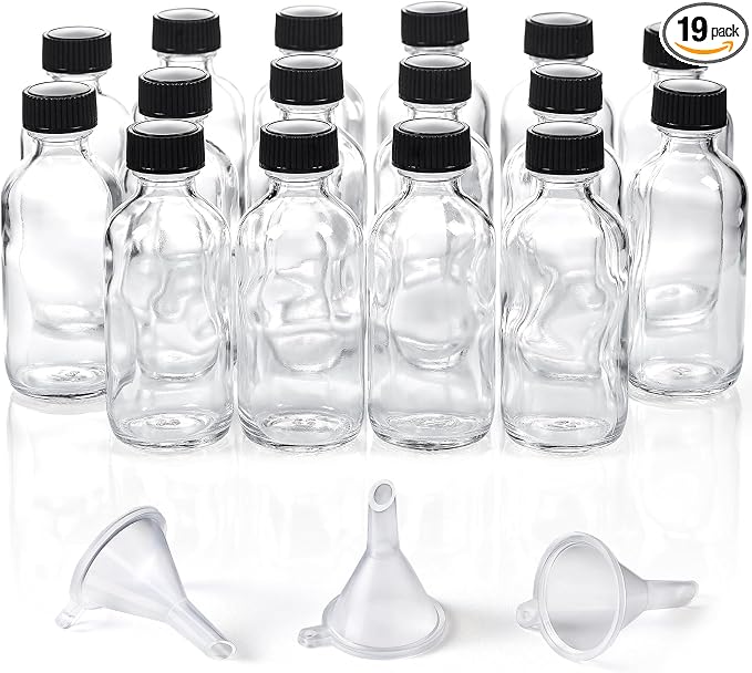 AOZITA 16 Pack, 2 oz Small Clear Glass Bottles w/Lid & 3 Funnels - 60ml Boston by AOZITA