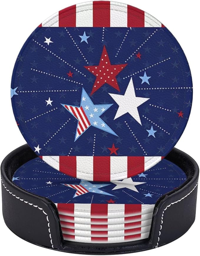 6 Pcs 4th of July Star Red Blue Independence Day Patriotic Star Leather Coasters by Jfniub