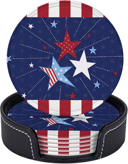 6 Pcs 4th of July Star Red Blue Independence Day Patriotic Star Leather Coasters by Jfniub