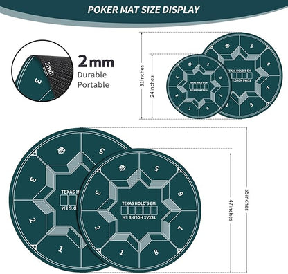 nuveti 24/31/47/55/63inch Round Poker Mat for Texas Holdem | Portable Poker Table Top with Art Deco Layout Print 6-8 Player Game Layout Mat to Play Cards, Poker Games, Blackjack, Casino