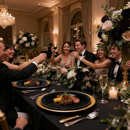 KIRE 100PCS Black and Gold Plates - Black Plastic Plates Disposable with Gold Rim for Halloween Party/Wedding/Birthday Include 50Pcs 10.25inch for Dinner and 50Pcs 7.5inch for Dessert/Salad