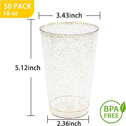 I00000 50 Pack 18 oz Gold Plastic Cups, Gold Glitter Cups Disposable Plastic Wine Glasses Cocktail Glasses Premium Cup, 18 Ounce Glitter Disposable Tumblers for Party & Wedding