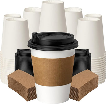 12 oz Coffee Cups with Lids and Sleeves 100 Pack, Party Supplies, To-Go Paper by ECOEXTRA