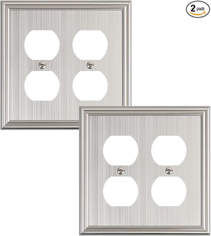 2-Pack Double Duplex Outlet Cover, Brushed Nickel Decorative Switch Plates and Outlet Covers for Electrical Outlets, Durable Zinc Alloy Wall Plates, 2 Gang Receptacle Cover