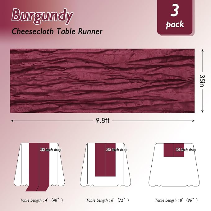 3 Pack Burgundy Red Cheesecloth Table Runner 120 Inch Boho Wedding Decor | - Image 2