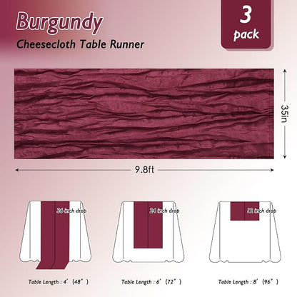 3 Pack Burgundy Red Cheesecloth Table Runner 120 Inch Boho Wedding Decor | - Image 2