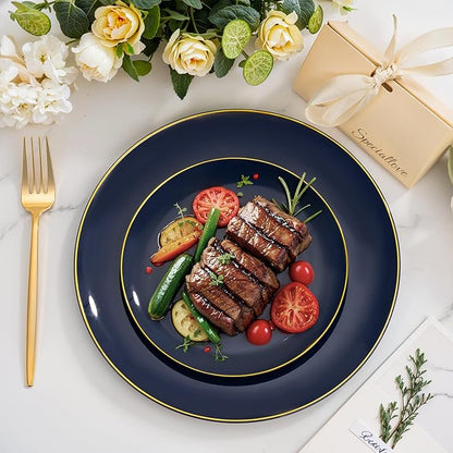 bUCLA 150PCS Blue and Gold Plastic Plates - 25 Guests Navy Blue Plastic Dinnerware Disposable for Party and Hanukkah - Include 25 Dinner/Dessert Plates, 25 Knives, 25 Forks, 25 Spoons, 25 Cups
