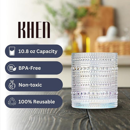 Hobnail Beaded Lowball Drinking Tumbler Glasses | Set of 6 | Iridescent Pearl - Image 4