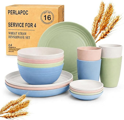 Wheat Straw Dinnerware Sets for 4, 16 Piece Unbreakable Kids Dinnerware Set by Perlapoc