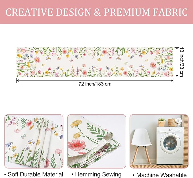 Bonhause Spring Floral Table Runner 13x72 Inch Pink Flowers Plants Leaves - Image 6
