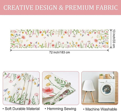 Bonhause Spring Floral Table Runner 13x72 Inch Pink Flowers Plants Leaves - Image 6