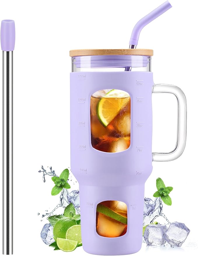 WINSA Glass Tumbler with Straw and Lid, 40 oz, Glass Water Bottles with Time by WINSA