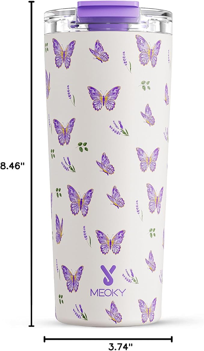 Meoky 24 oz Insulated Travel Coffee Mug: Leak Proof Lid, Butterfly | Stainless - Image 3