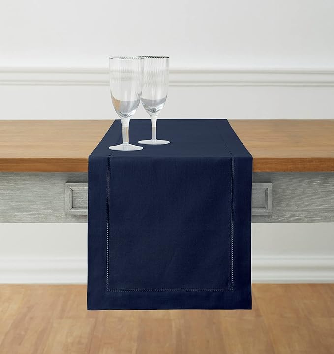 Solino Home Cotton Linen Table Runner Navy, Hemstitch Collection 14 x 90 in | by SolinoHome