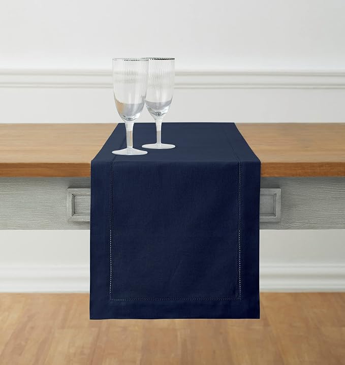 Solino Home Cotton Linen Table Runner Navy, Hemstitch Collection 14 x 72 in | by SolinoHome