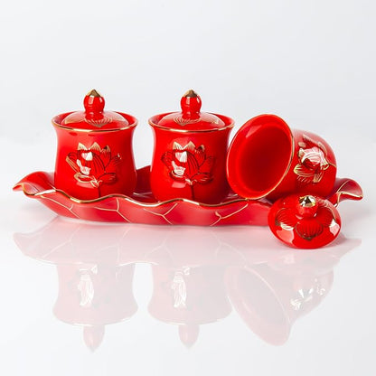 QINLANG Red Buddhist 3 Altar Cups Set, Buddha Water Cup Set of 3, Ceramic Holy - Image 4