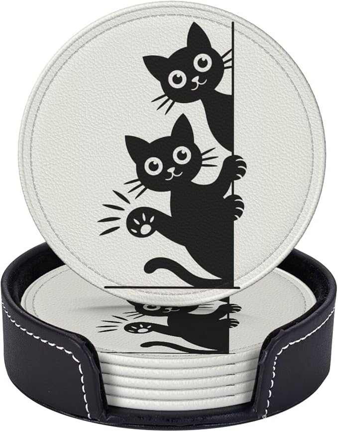 Cute Cats Coasters for Drinks Set of 6, Round Leather Coaster by Unknown