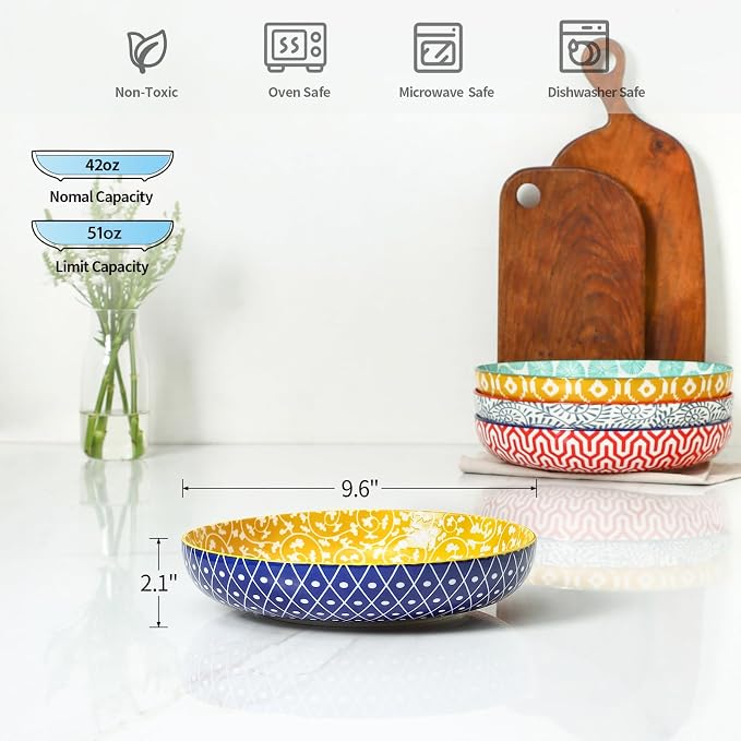 Selamica 9.6" Pasta Bowls Set of 4, 51 OZ Large Salad Bowls, Ceramic Wide and - Image 3