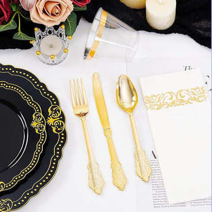 Ciaell 175 PCS Black and Gold Plastic Plates - Black Disposable Dinnerware Set with 50 Plates, 25 Knives, 25 Forks, 25 Spoons, 25 Cups, 25 Napkins for Parties and Weddings