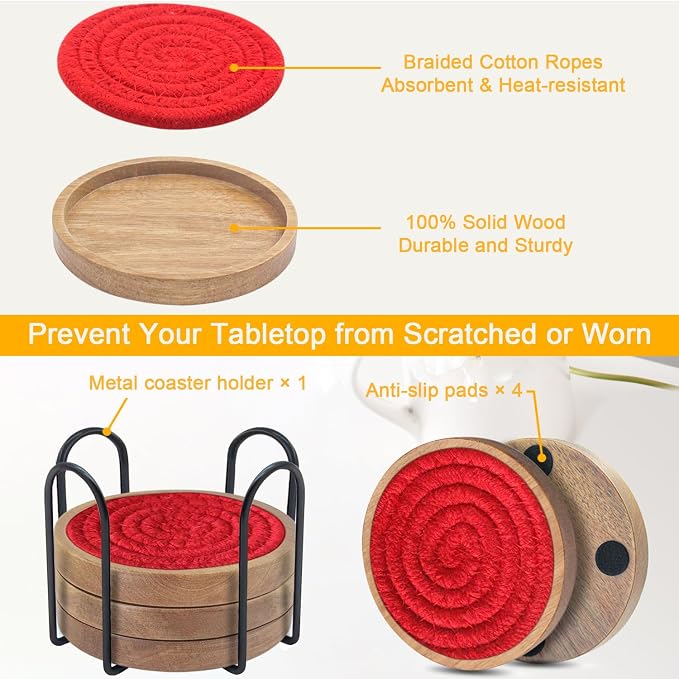 Wood Coasters for Drinks, Eykao Absorbent Coaster Sets of 5, Woven Drink - Image 5