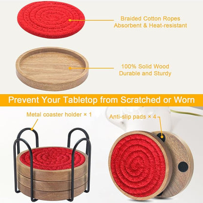 Wood Coasters for Drinks, Eykao Absorbent Coaster Sets of 5, Woven Drink - Image 5