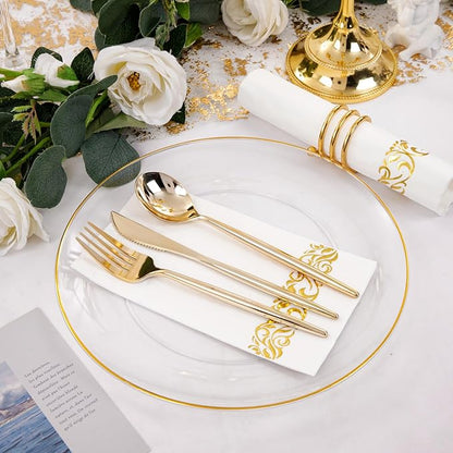 MirthMood 350Pcs Clear and Gold plates,Christmas plates, Plastic Plates for Party Include 50 Dinner,50Dessert Plate,50 Cup&50 Napkins, 150 Gold Silverware for Wedding & Party & Christmas