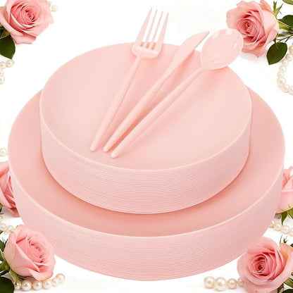 EI 150pcs Pink Plastic Plates Pink Disposable Heavy Duty Plastic Plates for Party Dinnerware Set Pink Plastic Silverware for Party Wedding Afternoon Tea,Spring,Mother's Day,Valentine's Day,Easter