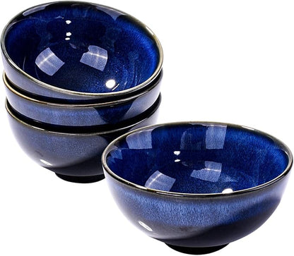 Ceramic Rice Bowl Set of 4, Streaky Blue Reactive Kiln Glaze Porcelain Sauce by BOSILI