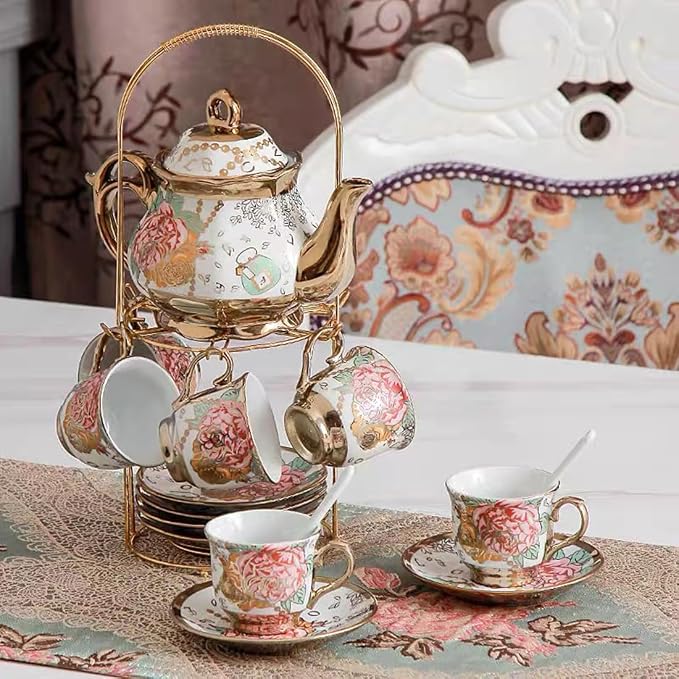 CHANJOON Gold Plated Red Rose Ceramic Tea Set, Vintage Tea Sets - Image 3