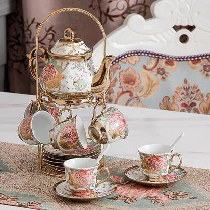 CHANJOON Gold Plated Red Rose Ceramic Tea Set, Vintage Tea Sets - Image 3