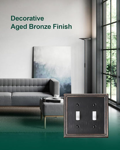 2-Pack Double Toggle Light Switch Cover Plate, Pearls Decorative Dual Switch Plate Covers, Aged Bronze 2 Gang Metal Wall Plate, Corrosion Resistant
