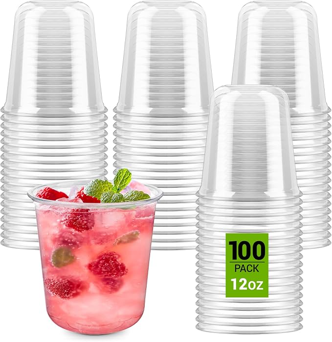 100 Pcs Round Bottom Plastic Cups, 12 oz Disposable Stemless Wine Glasses | by Soelomu