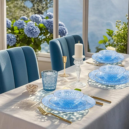 I00000 20 Pack 12 Ounce Blue Plastic Bowls Hammered Gold Rimmed Crystal Like, Heavy duty Disposable Bowl Set,Elegant Soup/Salad/Dessert/Ice Cream Bowls For Party, Weddings, Catering
