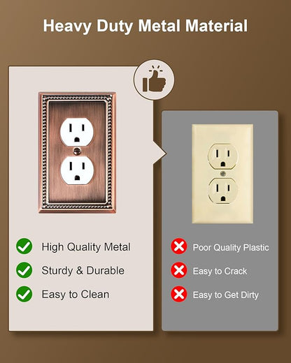 2-Pack Duplex Outlet Cover Plate, Antique Copper Metal Wall Plates for Electrical Outlets, 1 Gang Receptacle Cover, Pearls Decorative Switch Plates and Outlet Covers