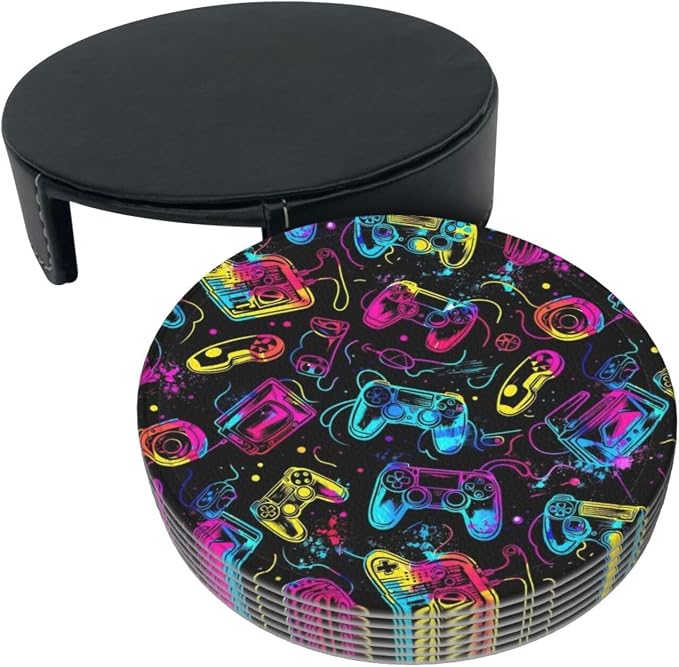 Drink Coasters with Holder Stand Set of 6, Bright Game Controller Pu Leather - Image 9