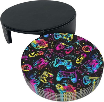 Drink Coasters with Holder Stand Set of 6, Bright Game Controller Pu Leather - Image 9