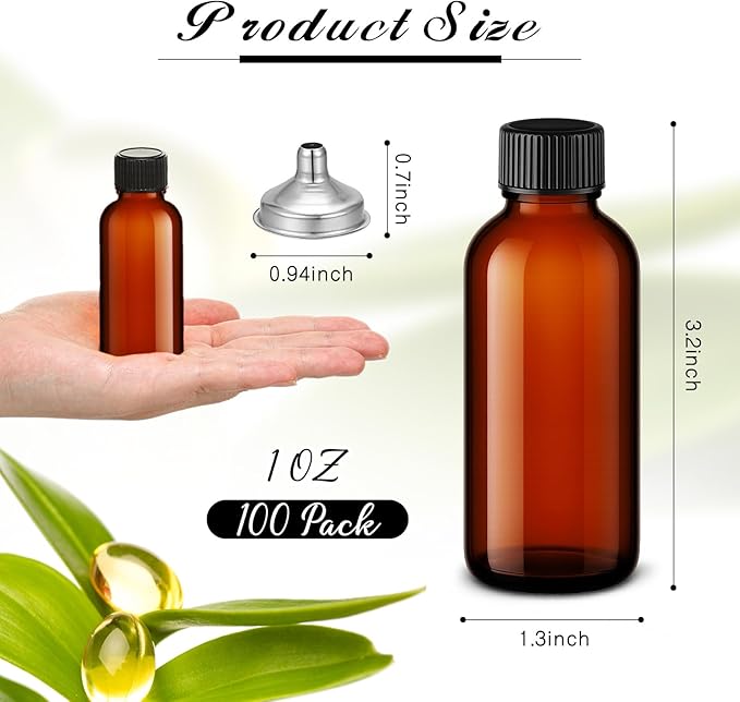 Hsei 100 Pcs 1 oz Amber Glass Boston Round Bottles with Black Cap Brown Sample Bottle Small Glass Containers with Lids and Funnel Chalk Labels Pen for Vanilla Extract Essential Oils