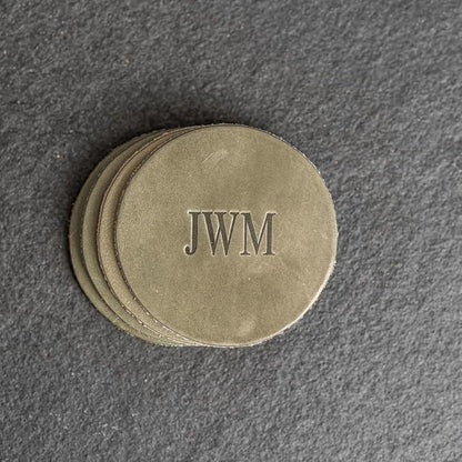 Ox & Pine Personalized Leather Coaster - Sold Individually or in Sets of 4 - Customize Inscription - 100% Full-Grain Leather – 4" Round or 4" Square (Round, Harvest, Set of 4 Coasters)