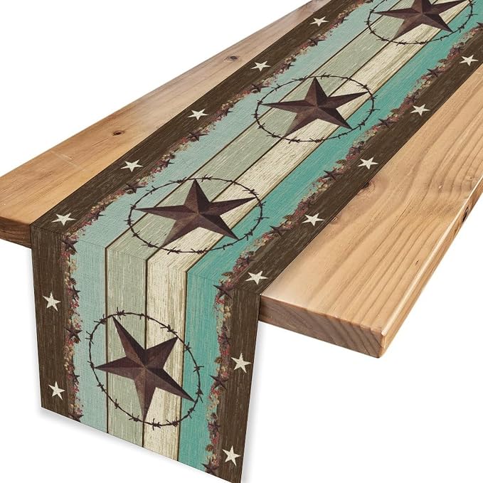 Western Table Runner, Rustic Farmhouse Texas Star Brown Wooden Plank Cowboy - Image 4