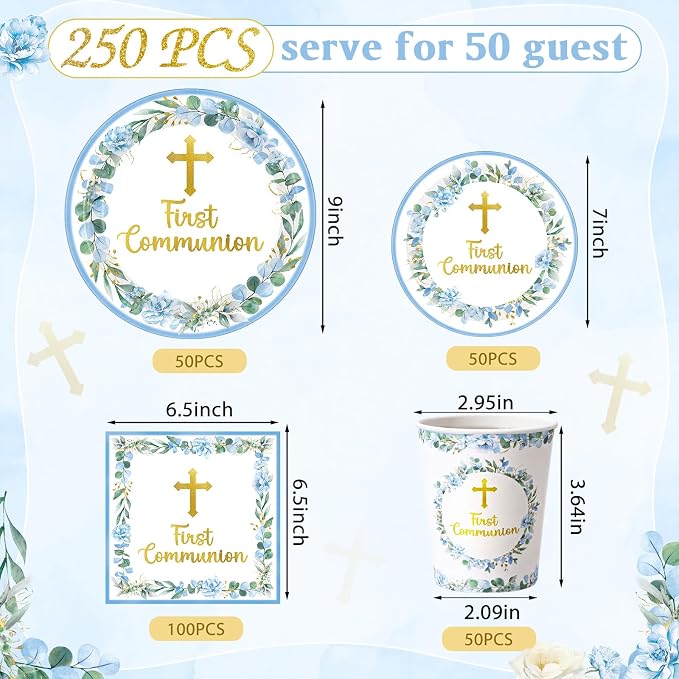 Pickmesh 250 Pcs Blue First Holy Communion Disposable Tableware Set God Bless - Image 3