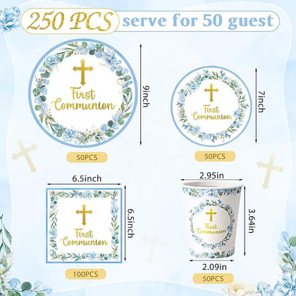 Pickmesh 250 Pcs Blue First Holy Communion Disposable Tableware Set God Bless - Image 3