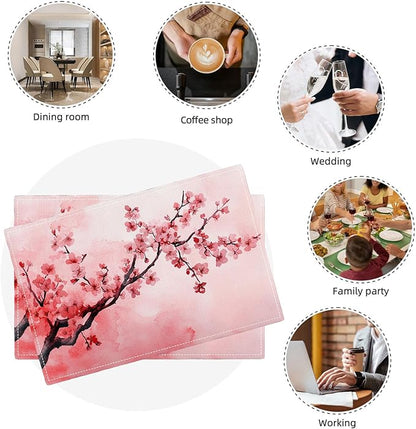 Japanese Cherry Blossom Placemats Set of 4, Pink Sakura Floral Place Mats, Flower Waterproof Washable Table Mats for Home Party Indoor Kitchen Dining Table Decoration 12x18 Inch