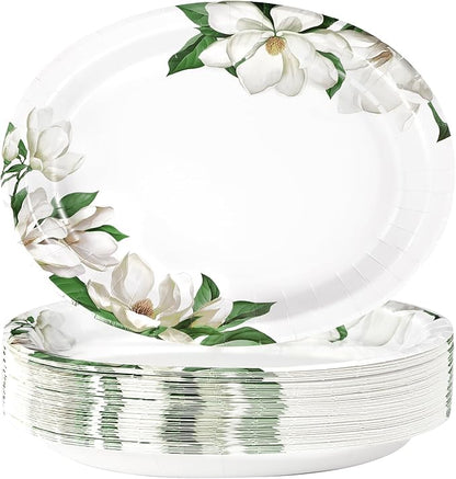 50 Pcs Magnolia Floral Oval Paper Plates Large 10"x12" White Magnolia Floral Plates Disposable Heavy Duty White Flowers Green Leaf Plates for Spring Wedding Bridal Shower Decor Birthday Party Supplies