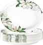 50 Pcs Magnolia Floral Oval Paper Plates Large 10"x12" White Magnolia Floral Plates Disposable Heavy Duty White Flowers Green Leaf Plates for Spring Wedding Bridal Shower Decor Birthday Party Supplies