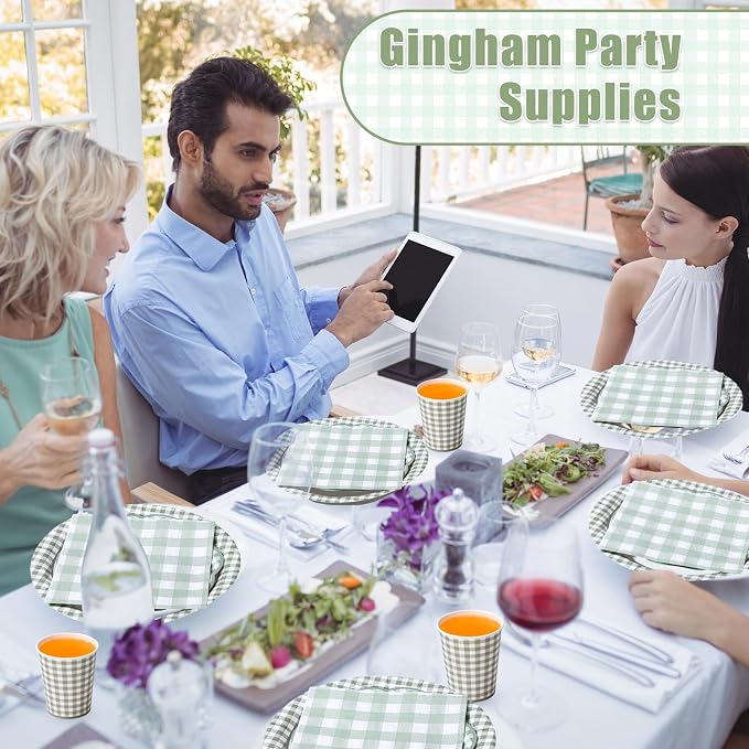 Funnymoom 250 Pcs Sage Green Gingham Paper Plates and Napkins Party Supplies - Image 5
