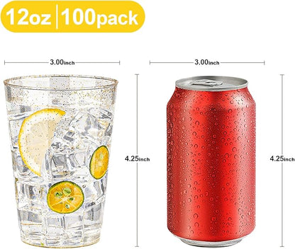 BESTVIP 12oz Gold Glitter Disposable Cups, 100 Pack Gold Plastic Cups, Heavy-duty Party Cocktail Glasses for Christmas, Plastic Cups for Party, Holiday, Wedding and Birthday
